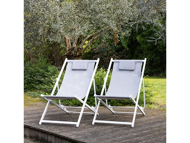 Lot de 2 chiliennes CYPRUS - textilène gris/structure blanche - HAPPY GARDEN