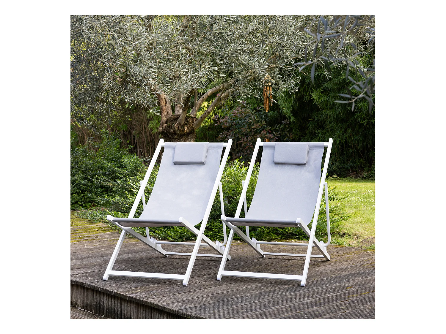 Lot de 2 chiliennes CYPRUS - textilène gris/structure blanche - HAPPY GARDEN