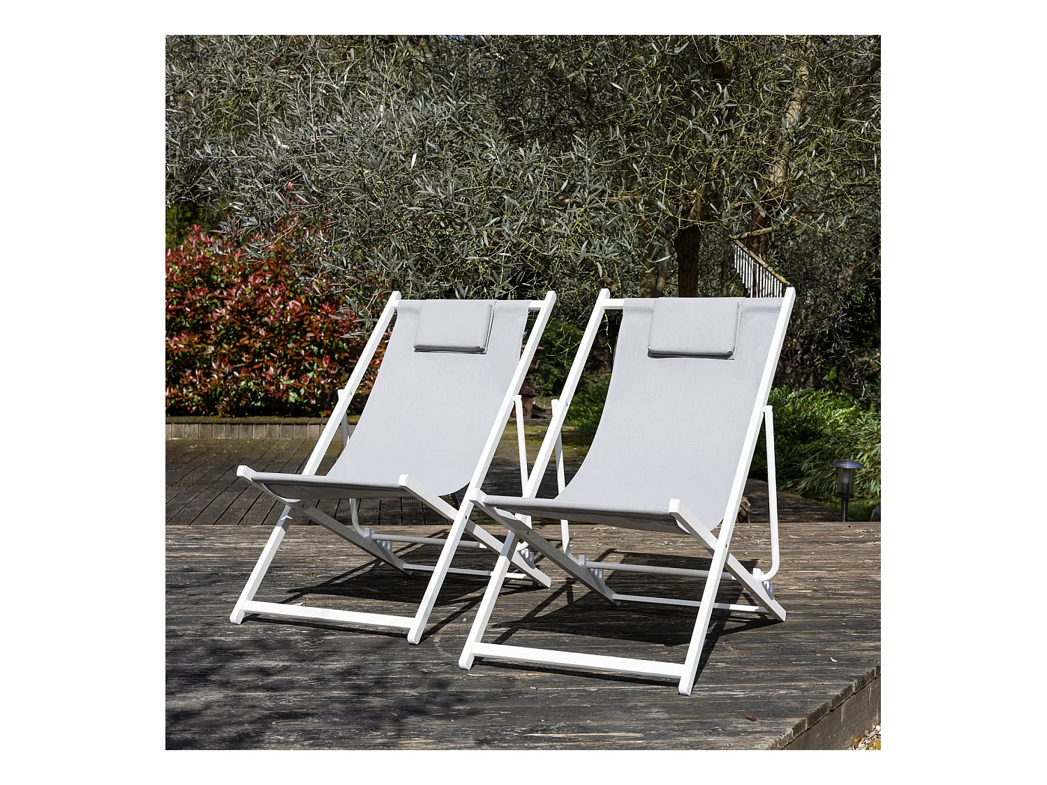 Lot de 2 chiliennes CYPRUS - textilène gris/structure blanche - HAPPY GARDEN