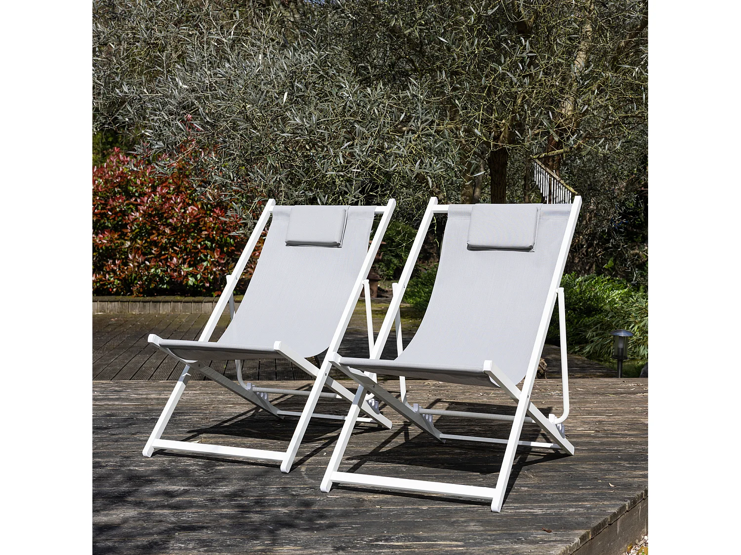 Lot de 2 chiliennes CYPRUS - textilène gris/structure blanche - HAPPY GARDEN