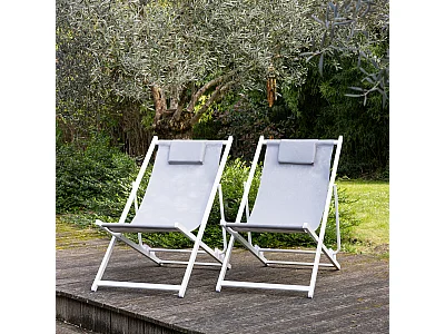 Lot de 2 chiliennes CYPRUS - textilène gris/structure blanche - HAPPY GARDEN