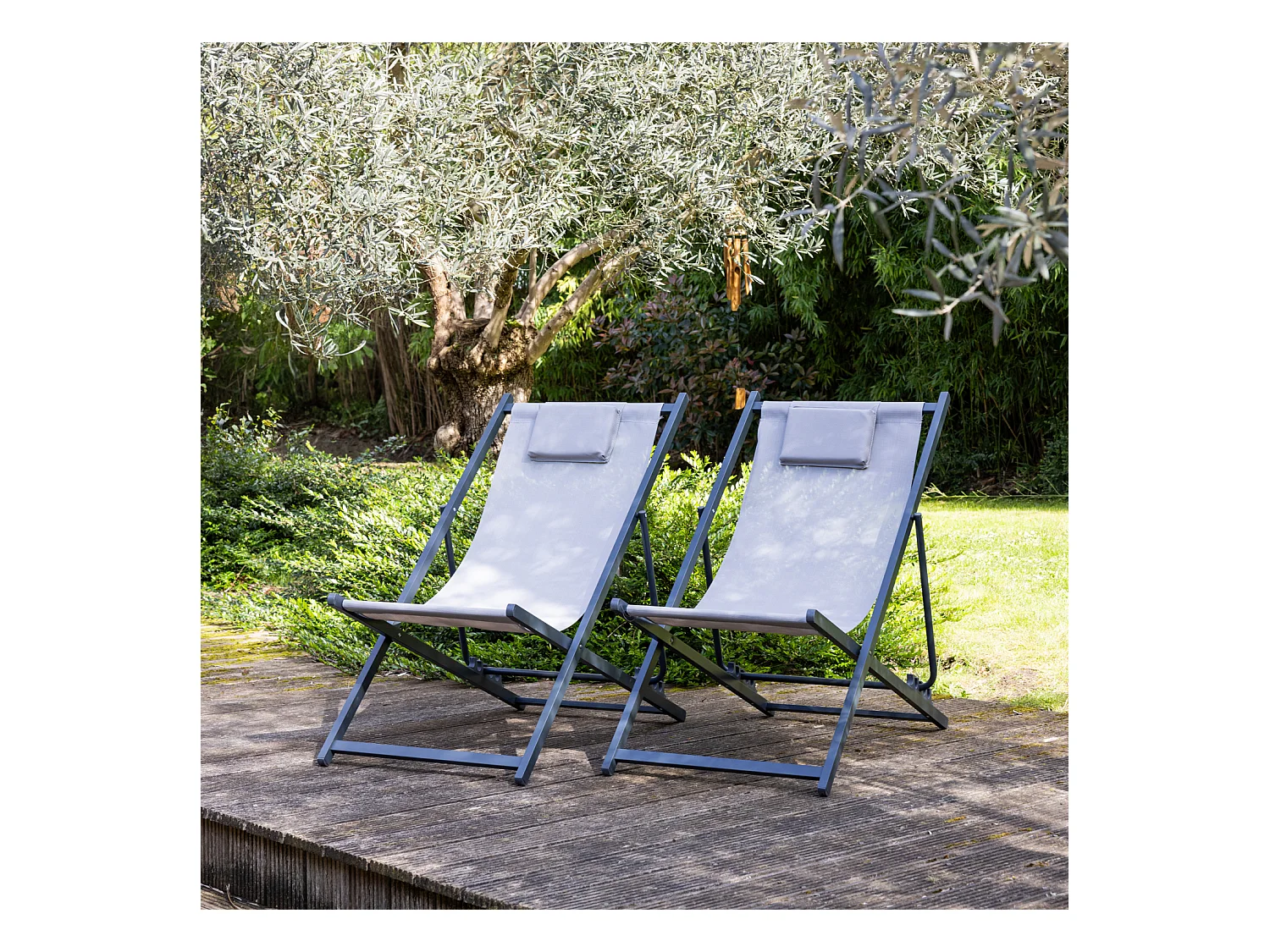Lot de 2 chiliennes CYPRUS - textilène gris/structure anthracite - HAPPY GARDEN