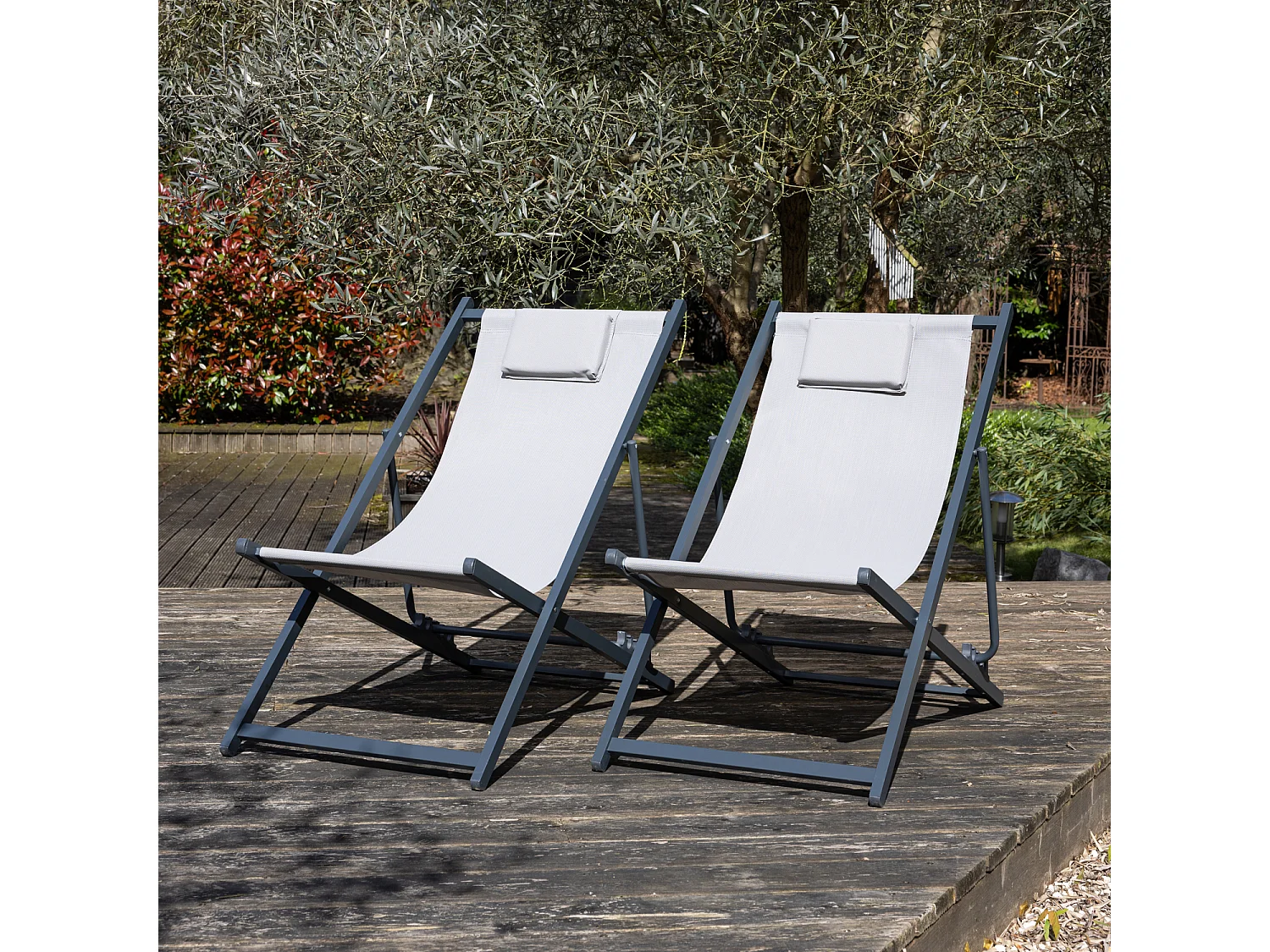 Lot de 2 chiliennes CYPRUS - textilène gris/structure anthracite - HAPPY GARDEN