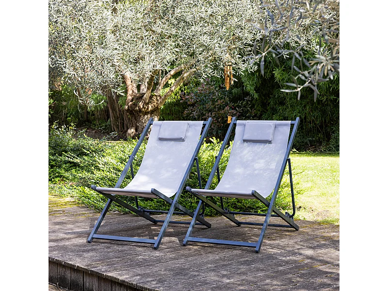 Lot de 2 chiliennes CYPRUS - textilène gris/structure anthracite - HAPPY GARDEN