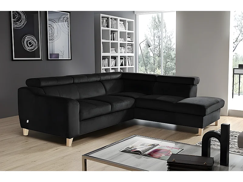 Canapé d'angle en tissu luxe 5 places, ASHLEY, noir, angle droit (vu de face)