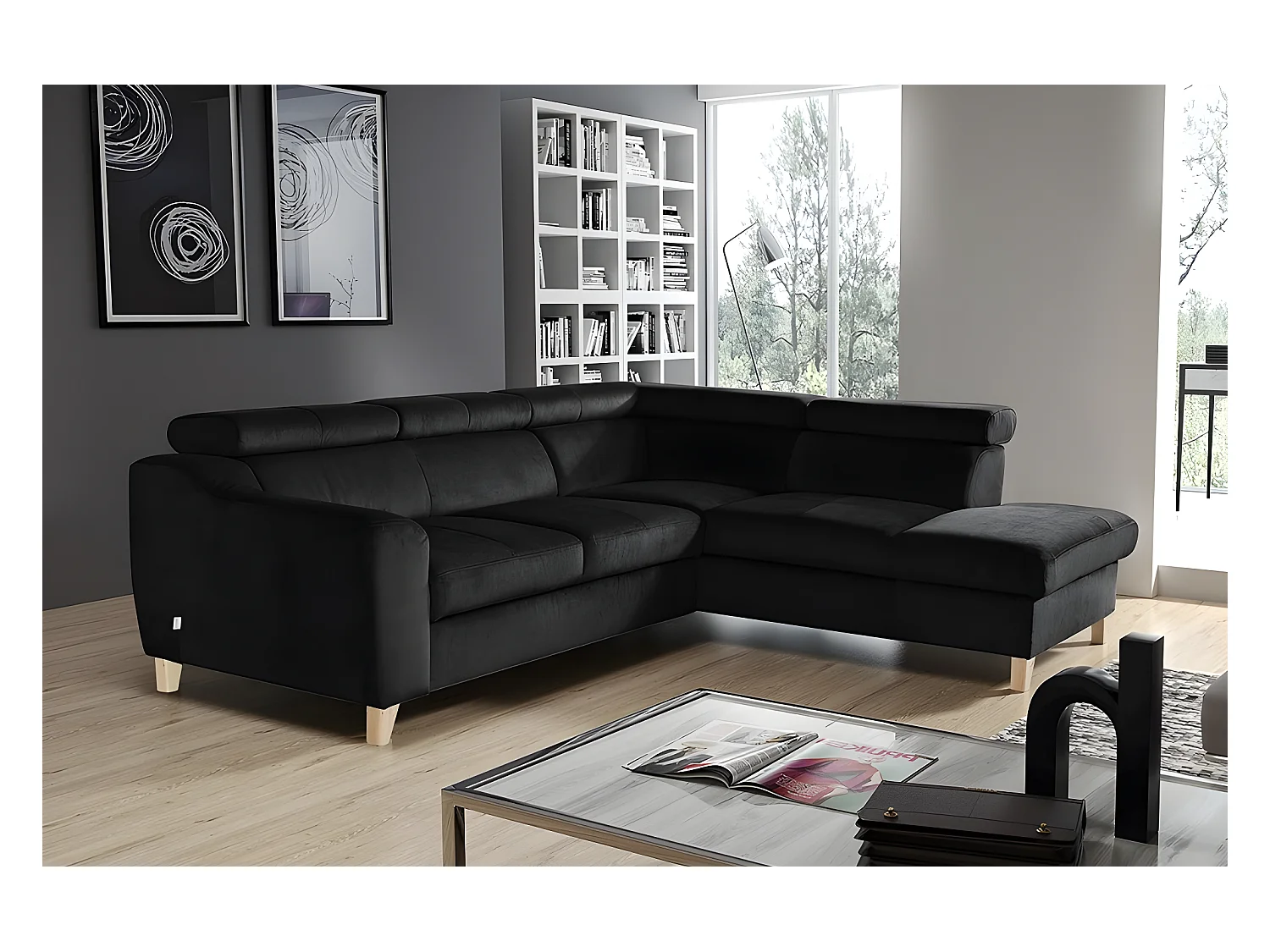 Canapé d'angle en tissu luxe 5 places, ASHLEY, noir, angle droit (vu de face)