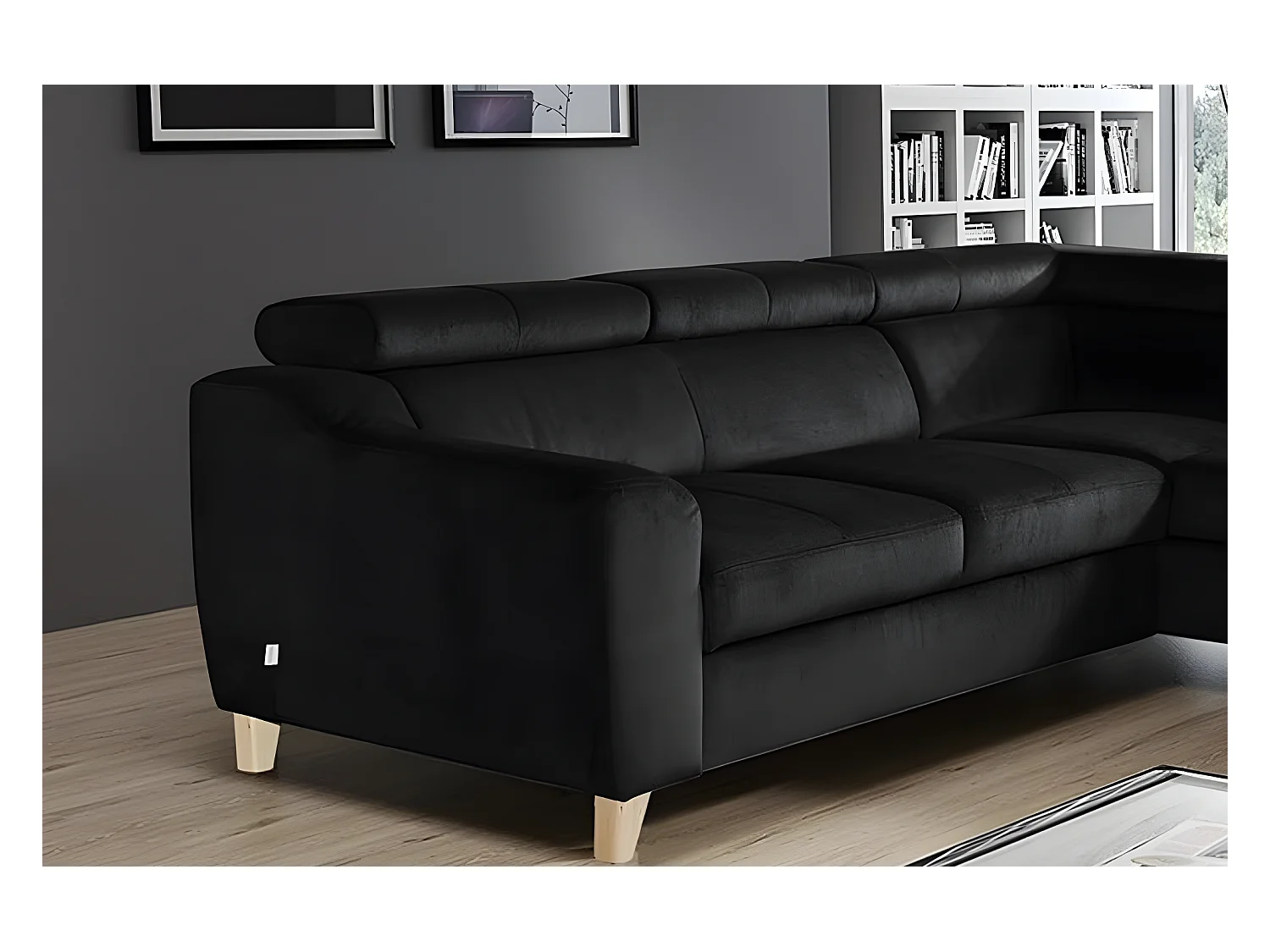 Canapé d'angle en tissu luxe 5 places, ASHLEY, noir, angle droit (vu de face)