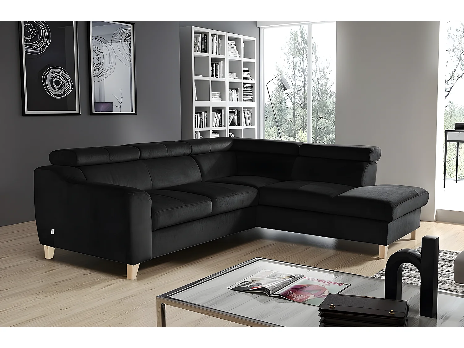 Luxe zwarte fluwelen hoekbank ASHLEY met 5 zitplaatsen, comfortabel en eigentijds