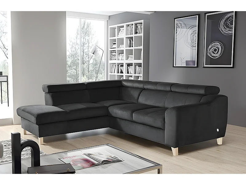 Canapé d'angle en tissu luxe 5 places, ASHLEY, gris foncé, angle gauche (vu de face)