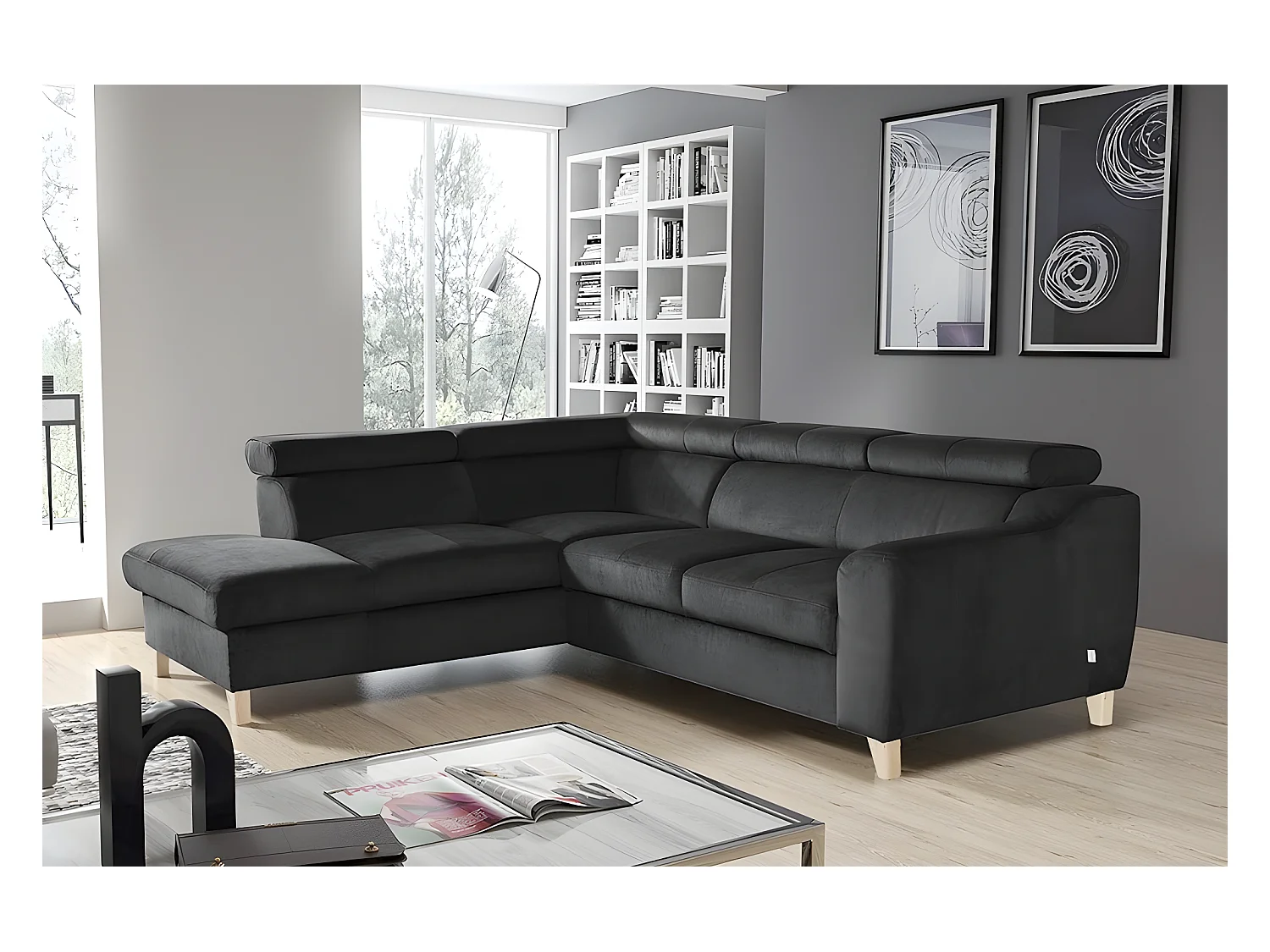 Canapé d'angle en tissu luxe 5 places, ASHLEY, gris foncé, angle gauche (vu de face)