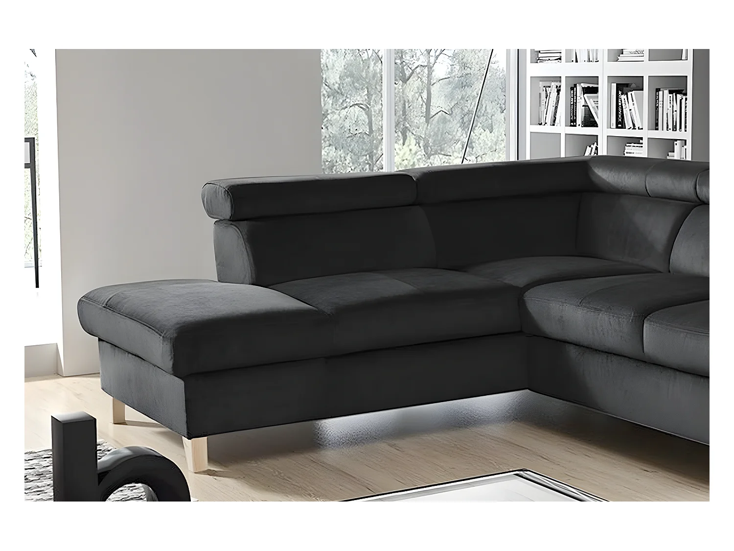 Canapé d'angle en tissu luxe 5 places, ASHLEY, gris foncé, angle gauche (vu de face)