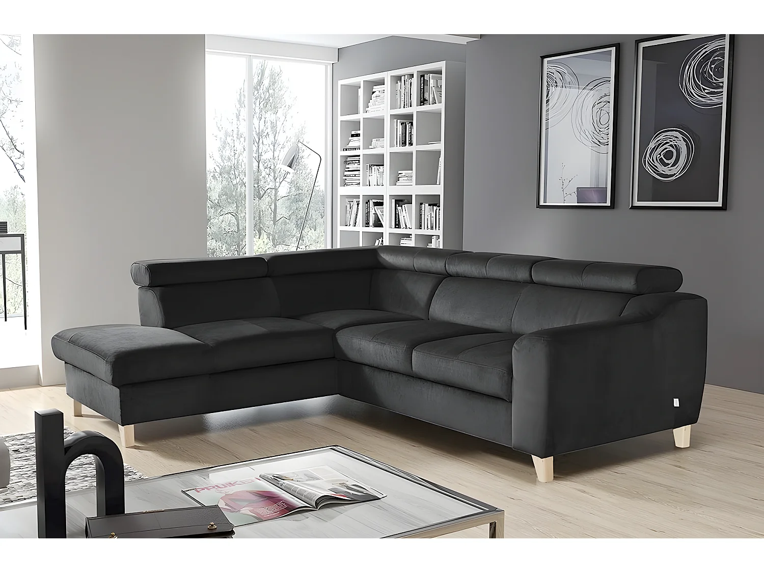 Canapé d'angle en tissu luxe 5 places, ASHLEY, gris foncé, angle gauche (vu de face)