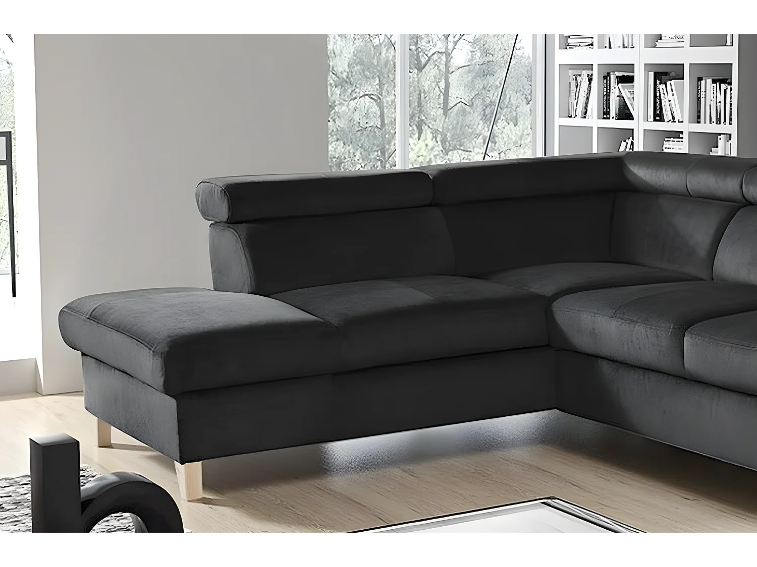 Canapé d'angle en tissu luxe 5 places, ASHLEY, gris foncé, angle gauche (vu de face)