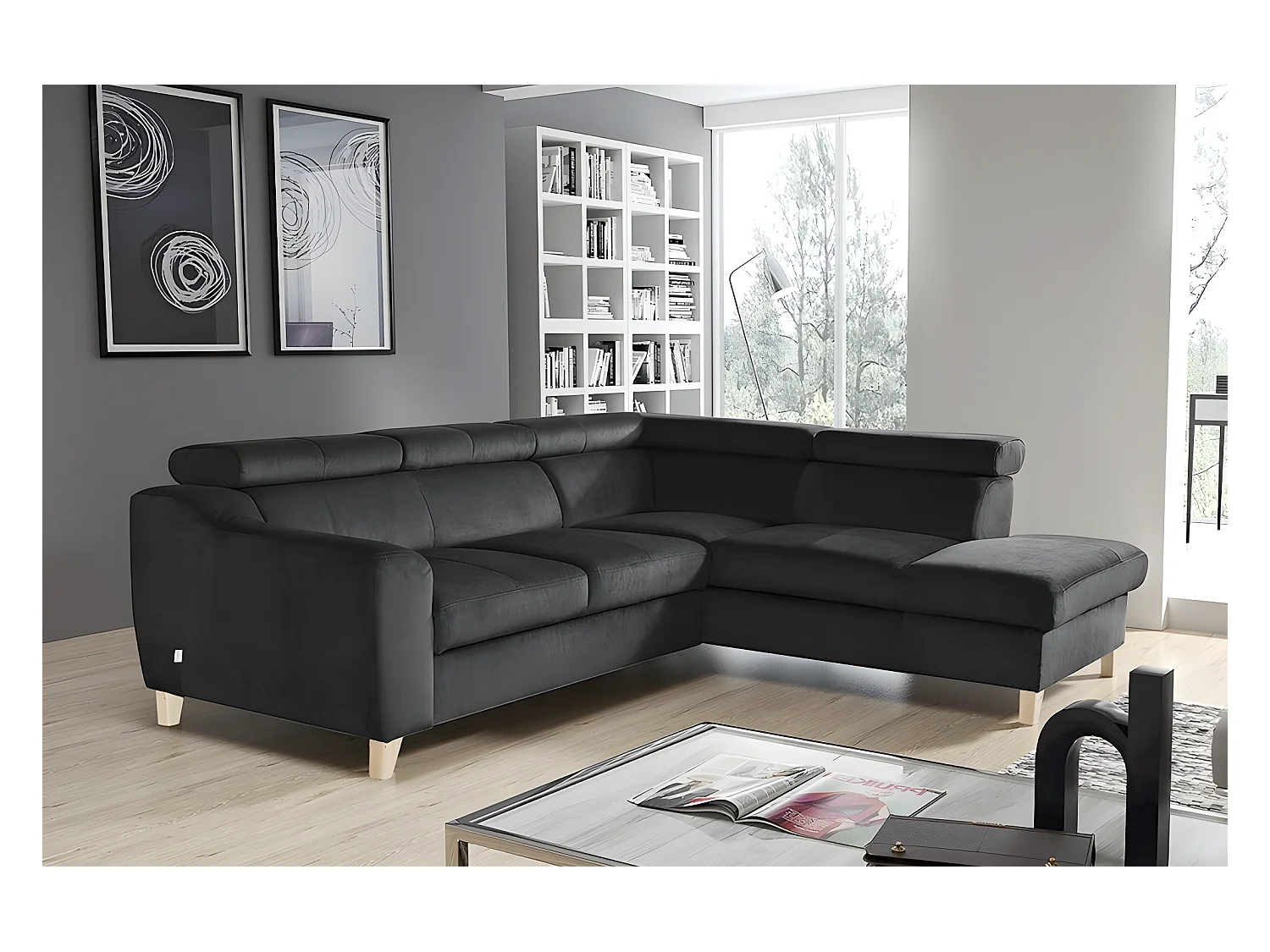 Canapé d'angle en tissu luxe 5 places, ASHLEY, gris foncé, angle droit (vu de face)