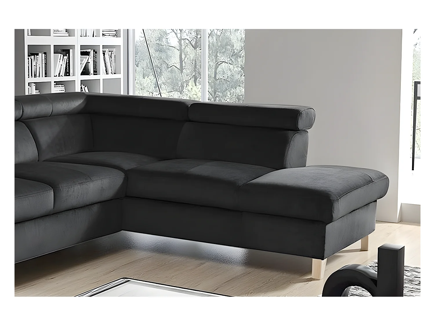 Canapé d'angle en tissu luxe 5 places, ASHLEY, gris foncé, angle droit (vu de face)