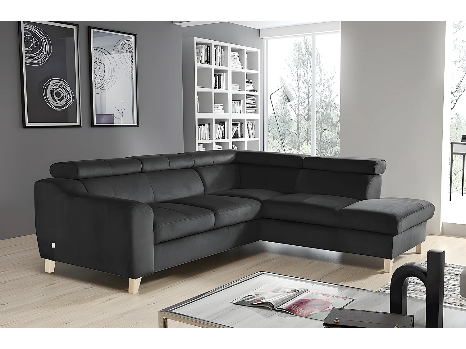 Hoekbank van luxe fluweel ASHLEY met 5 zitplaatsen, donkergrijs, comfortabel en design