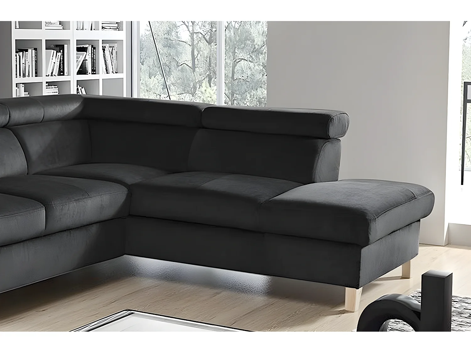 Hoekbank van luxe fluweel ASHLEY met 5 zitplaatsen, donkergrijs, comfortabel en design