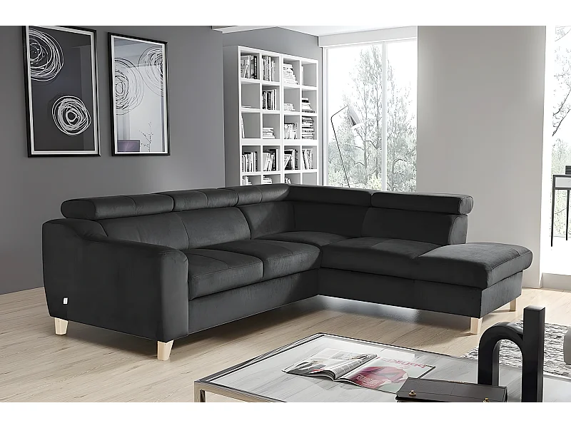 Hoekbank van luxe fluweel ASHLEY met 5 zitplaatsen, donkergrijs, comfortabel en design