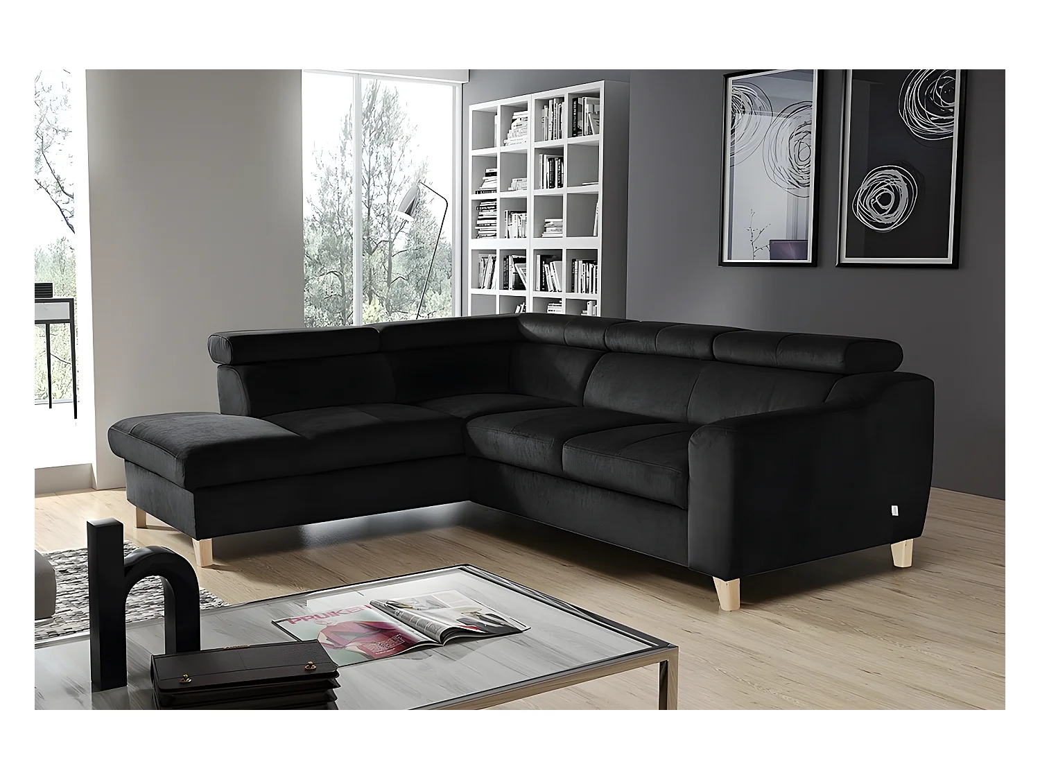 Canapé d'angle en tissu luxe 5 places, ASHLEY, noir, angle gauche (vu de face)