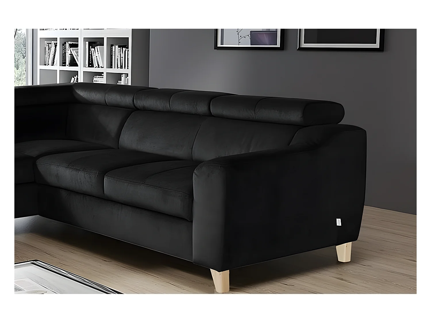 Canapé d'angle en tissu luxe 5 places, ASHLEY, noir, angle gauche (vu de face)