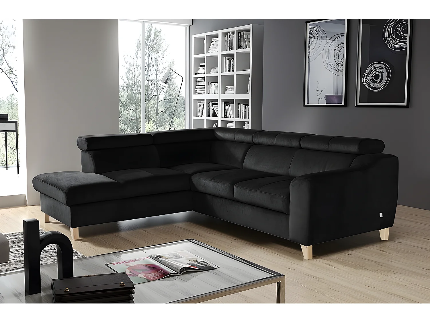 Canapé d'angle en tissu luxe 5 places, ASHLEY, noir, angle gauche (vu de face)