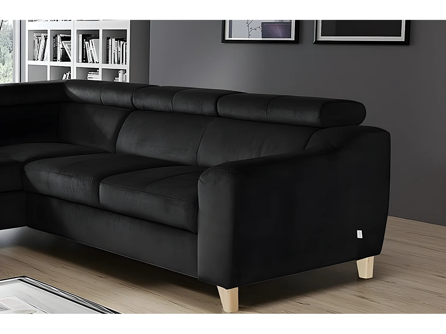 Canapé d'angle en tissu luxe 5 places, ASHLEY, noir, angle gauche (vu de face)