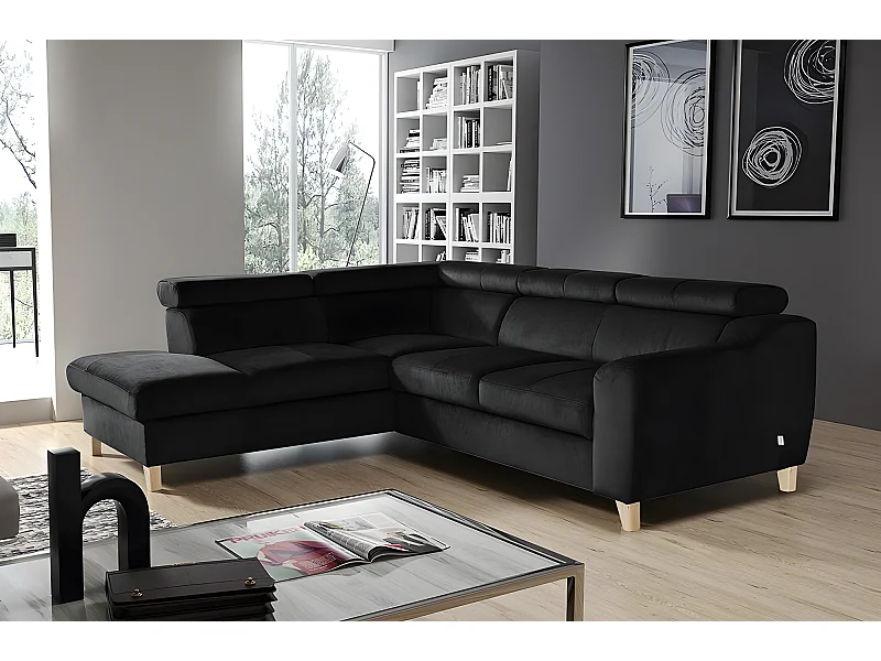 Canapé d'angle en tissu luxe 5 places, ASHLEY, noir, angle gauche (vu de face)