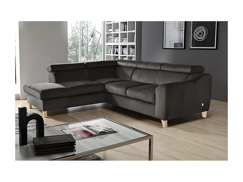 Canapé d'angle en tissu luxe 5 places, ASHLEY, chocolat, angle gauche (vu de face)