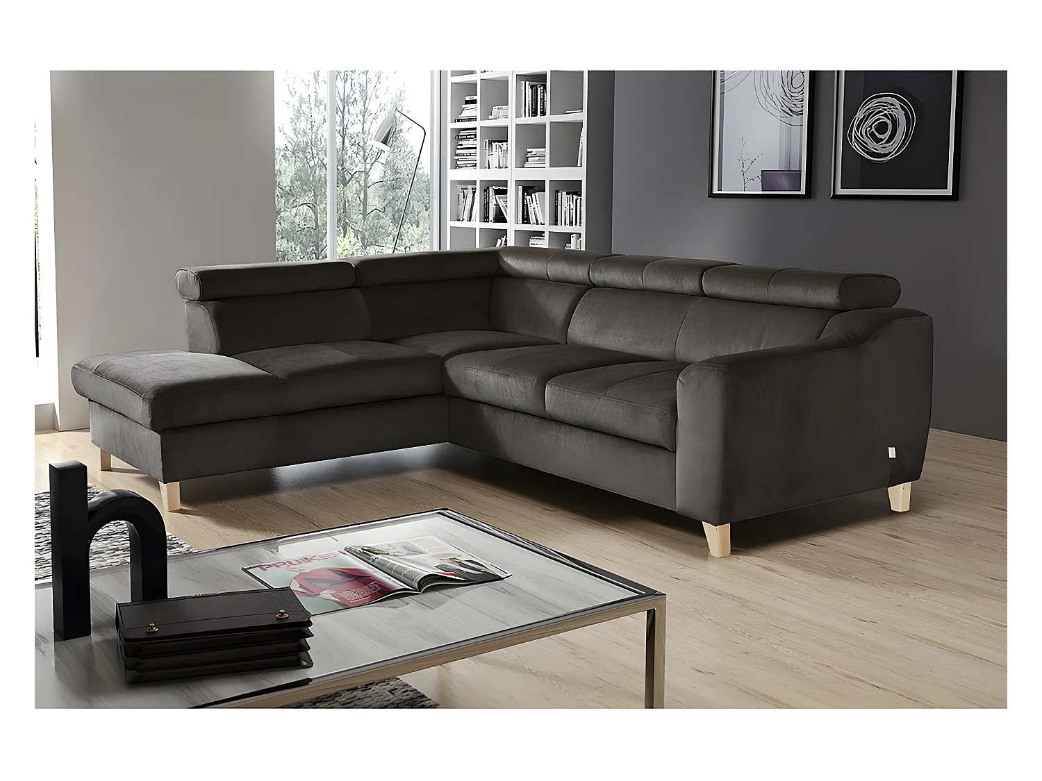 Canapé d'angle en tissu luxe 5 places, ASHLEY, chocolat, angle gauche (vu de face)