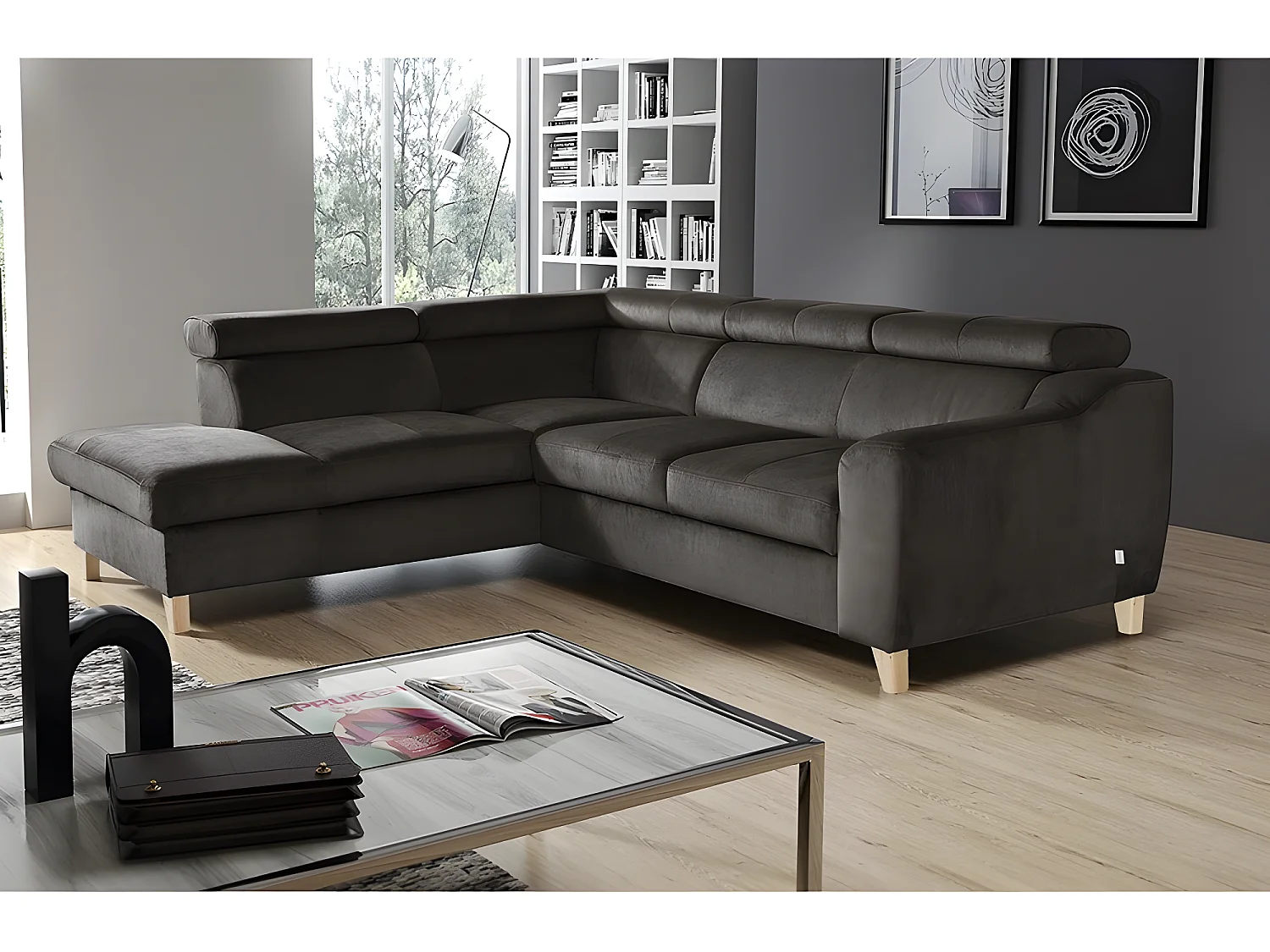 Hoekbank van luxe fluwelen stof ASHLEY met 5 zitplaatsen, chocolade, linkerhoek