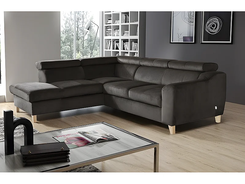 Canapé d'angle en tissu luxe 5 places, ASHLEY, chocolat, angle gauche (vu de face)