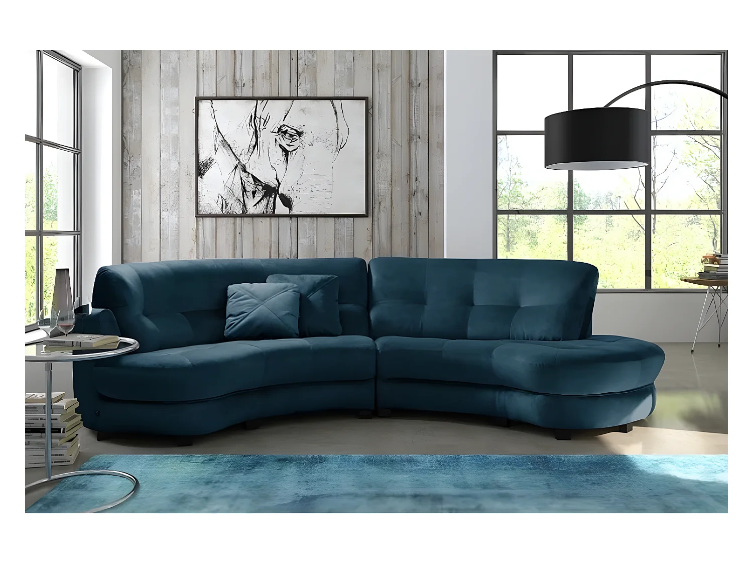 Canapé en tissu velours luxe 5/6 places BRENNER bleu foncé, côté accoudoir gauche