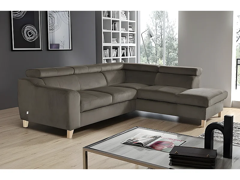 Canapé d'angle en tissu luxe 5 places, ASHLEY, taupe, angle droit (vu de face)