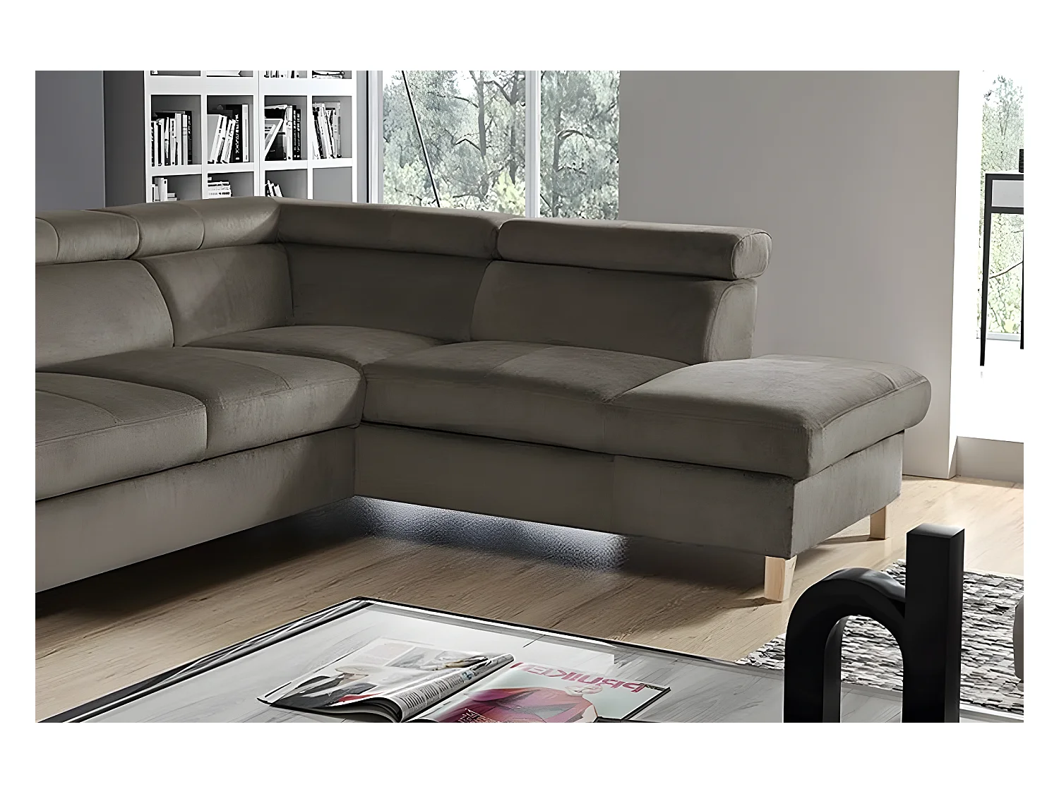 Canapé d'angle en tissu luxe 5 places, ASHLEY, taupe, angle droit (vu de face)