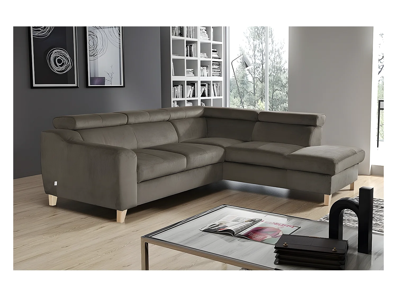 Hoekbank van luxe fluwelen stof ASHLEY taupe, 5 zitplaatsen, comfortabel en modern ontwerp met verstelbare hoofdsteunen