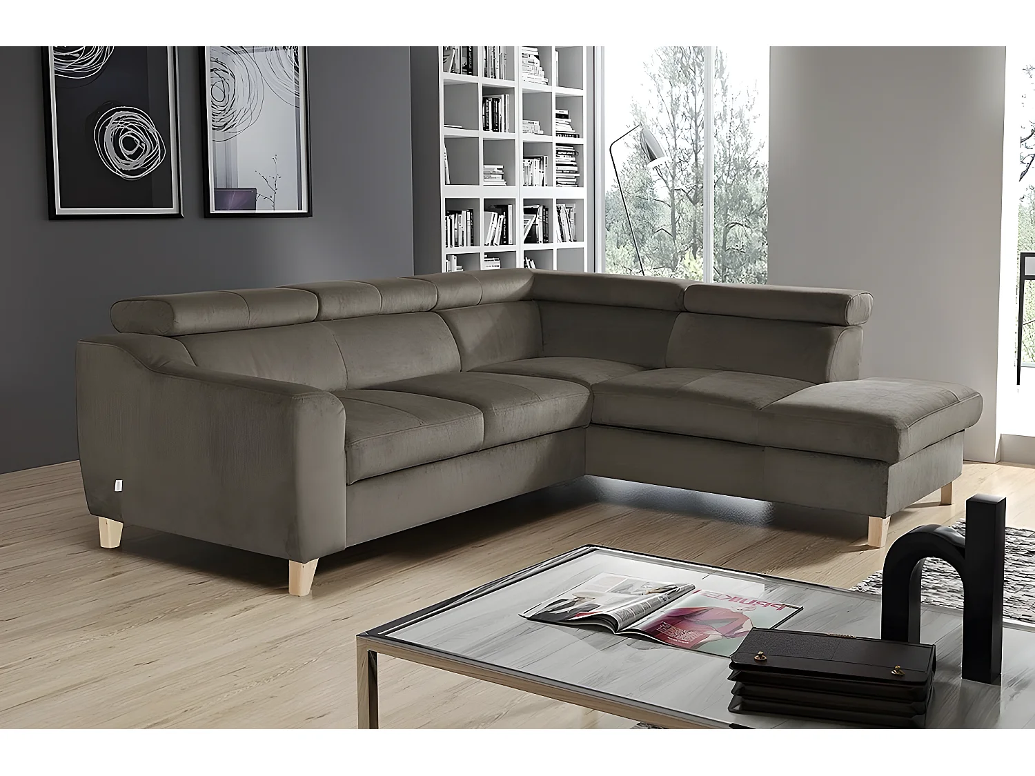 Hoekbank van luxe fluwelen stof ASHLEY taupe, 5 zitplaatsen, comfortabel en modern ontwerp met verstelbare hoofdsteunen