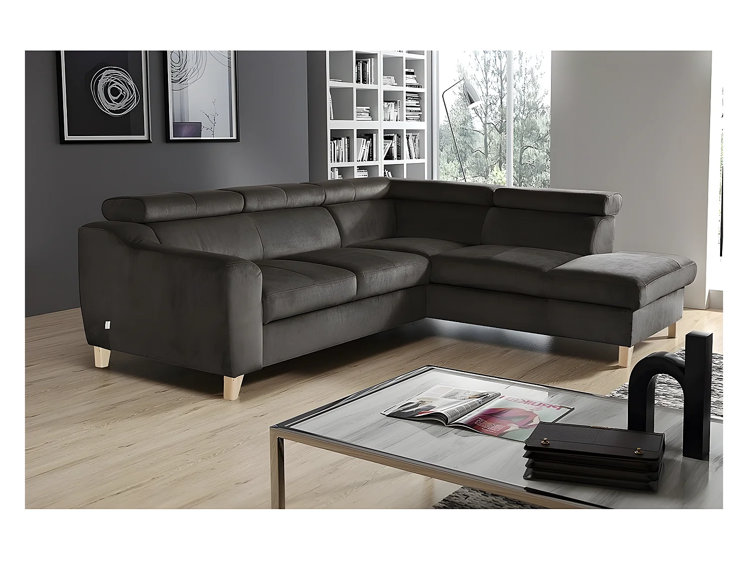 Canapé d'angle en tissu luxe 5 places, ASHLEY, chocolat, angle droit (vu de face)