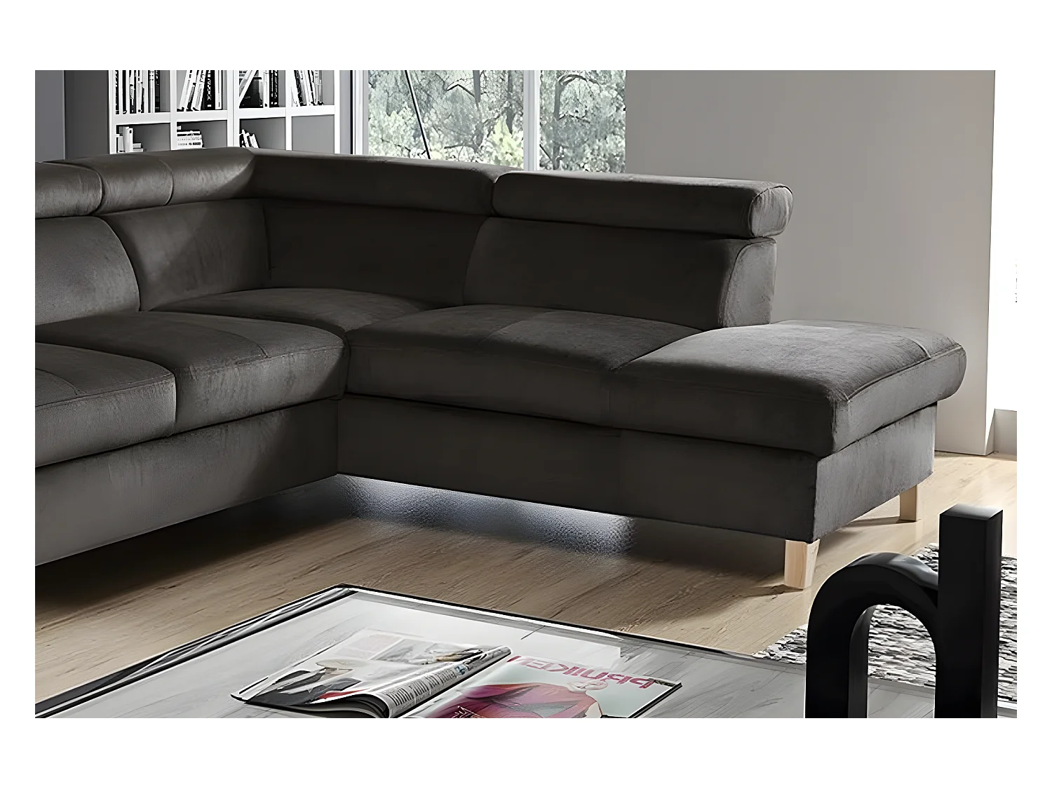 Canapé d'angle en tissu luxe 5 places, ASHLEY, chocolat, angle droit (vu de face)