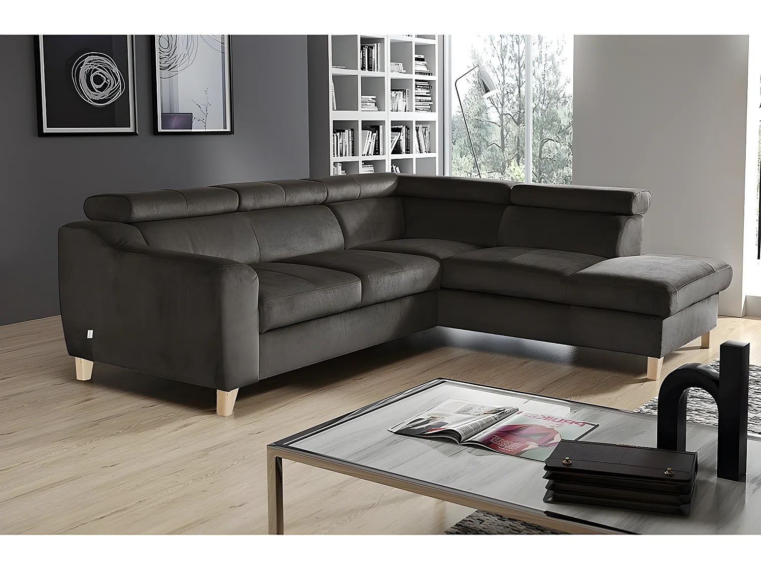 Canapé d'angle en tissu luxe 5 places, ASHLEY, chocolat, angle droit (vu de face)