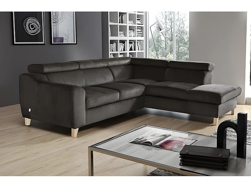 Canapé d'angle en tissu luxe 5 places, ASHLEY, chocolat, angle droit (vu de face)