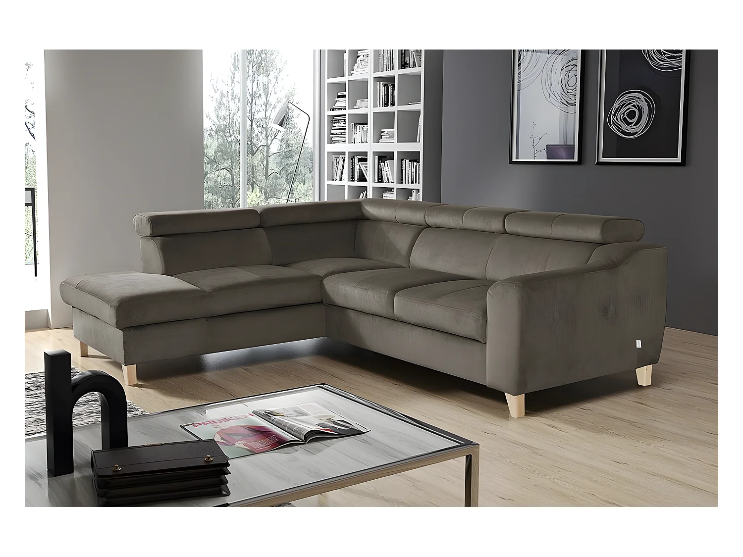 Canapé d'angle en tissu luxe 5 places, ASHLEY, taupe, angle gauche (vu de face)