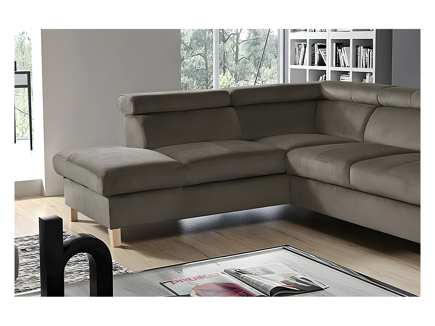 Canapé d'angle en tissu luxe 5 places, ASHLEY, taupe, angle gauche (vu de face)