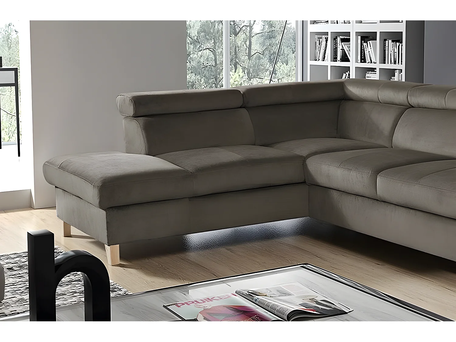 Canapé d'angle en tissu luxe 5 places, ASHLEY, taupe, angle gauche (vu de face)