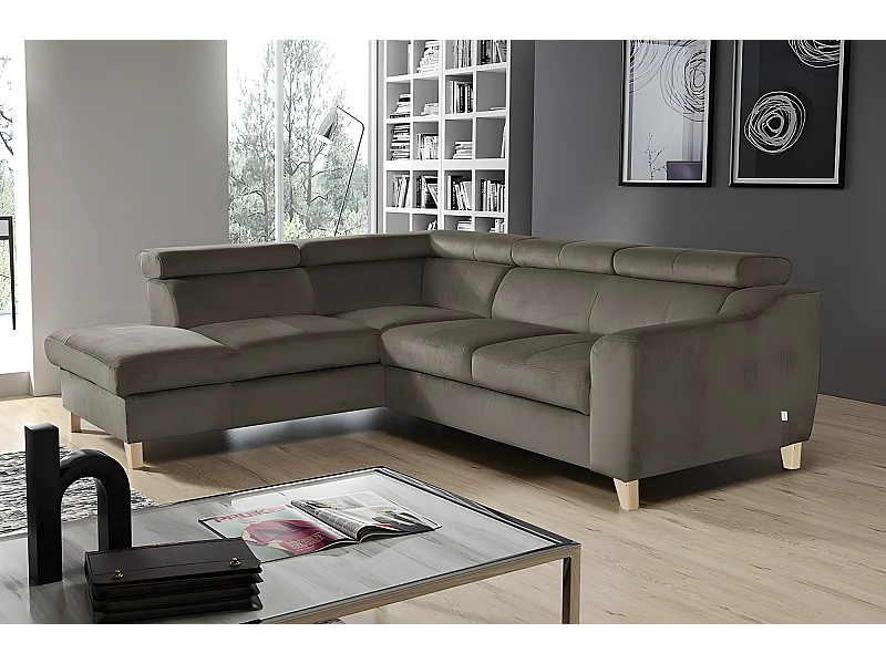 Hoekbank van luxe fluwelen stof ASHLEY met 5 zitplaatsen, taupe, linkerhoek