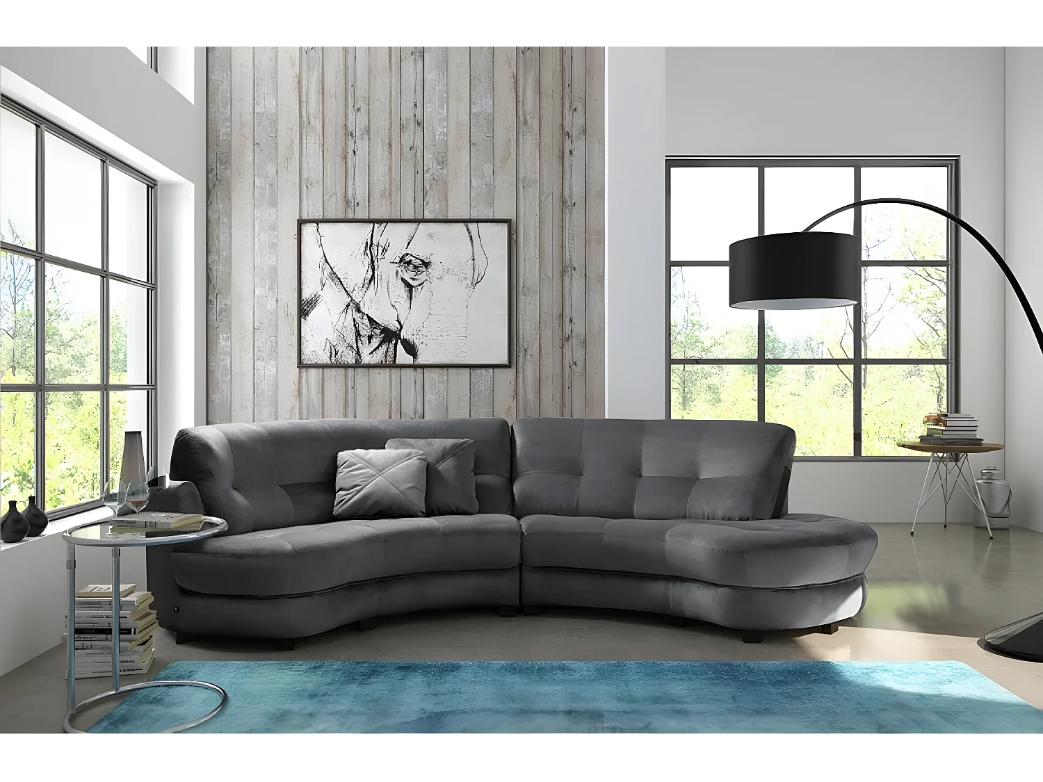 Canapé en tissu luxe 5/6 places BRENNER gris foncé, côté accoudoir gauche