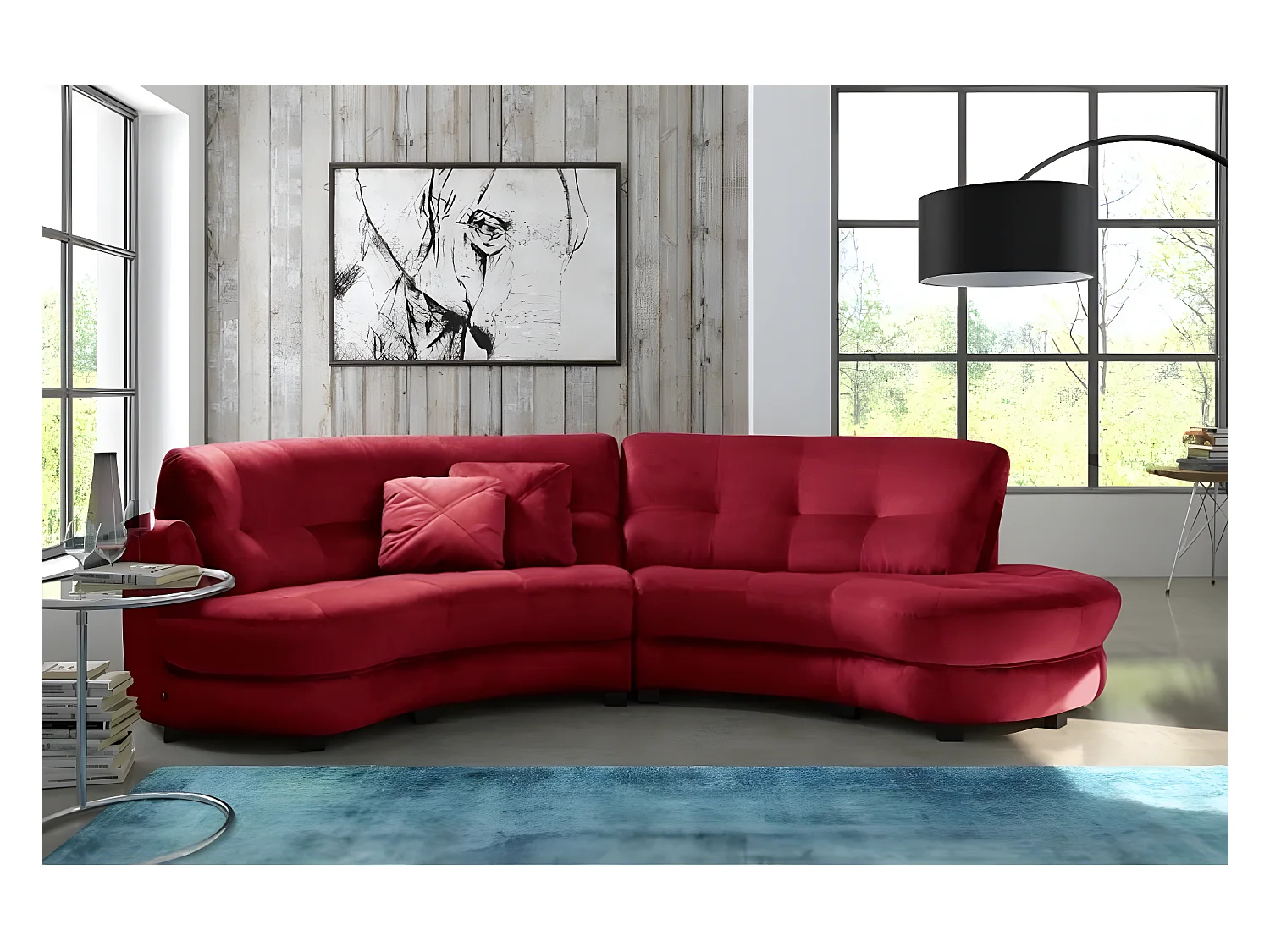 Canapé en tissu luxe 5/6 places BRENNER bordeaux, côté accoudoir gauche