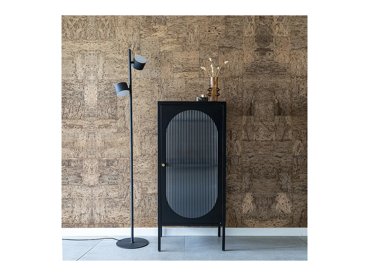 METOS - Vitrine Basse 1 Porte Acier Noir et Verre Ondulé