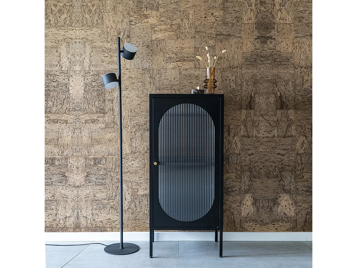 METOS - Vitrine Basse 1 Porte Acier Noir et Verre Ondulé