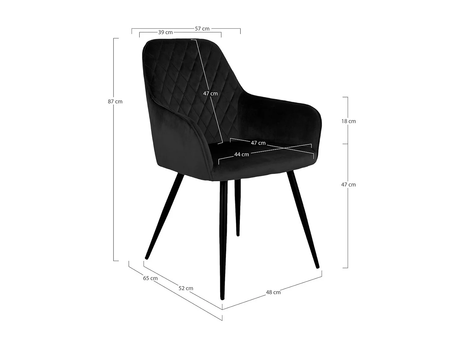 VIBY - Lot de 4 Fauteuils Velours Noir et Piétement Acier Noir