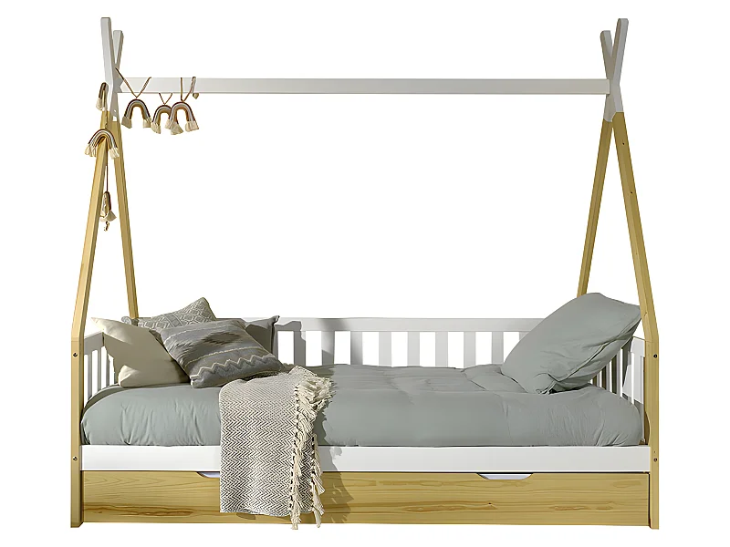 Lit Enfant, Barrière & Tiroir "Tipi" 90x200cm Blanc & Naturel